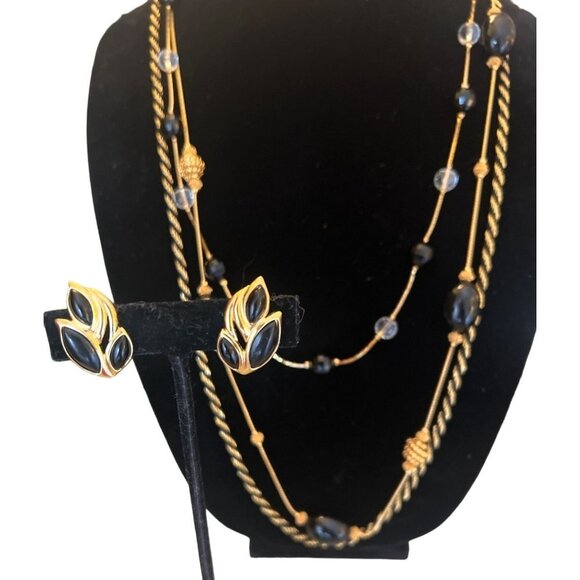 Trifari Set VTG 2 Necklaces PLUS Black Enamel Gold Clip Earrings Work Perfect - Picture 1 of 13